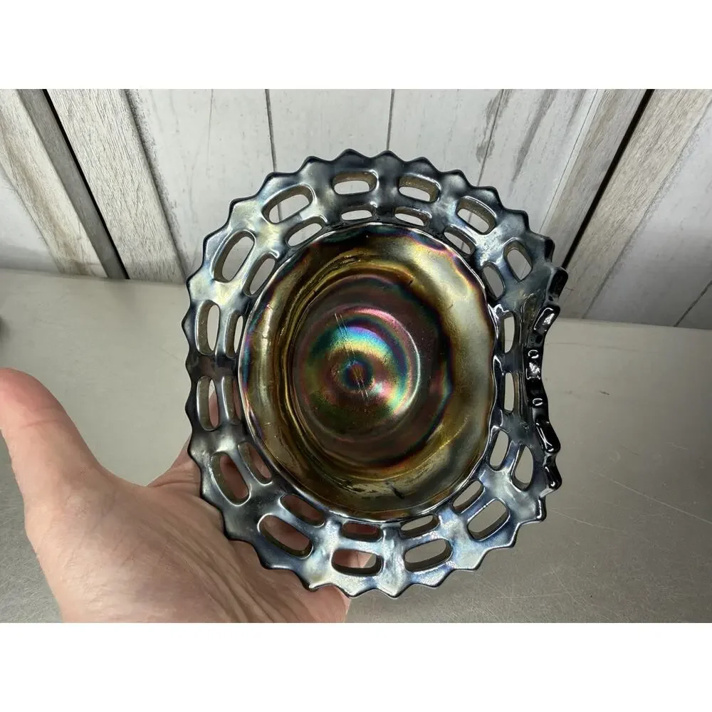 VTG Fenton Carnival Glass Bowl Basket Weave Iridescent Glass Blue Open Lace Edge